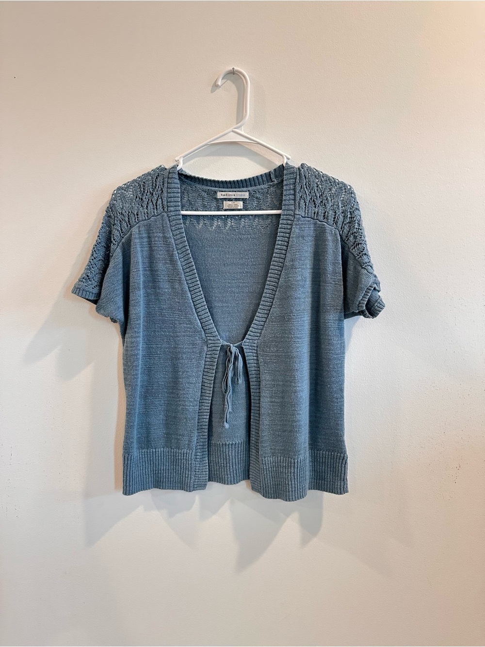 Van Heusen Light Blue Short-Sleeve Open Front Cardigan with Tie